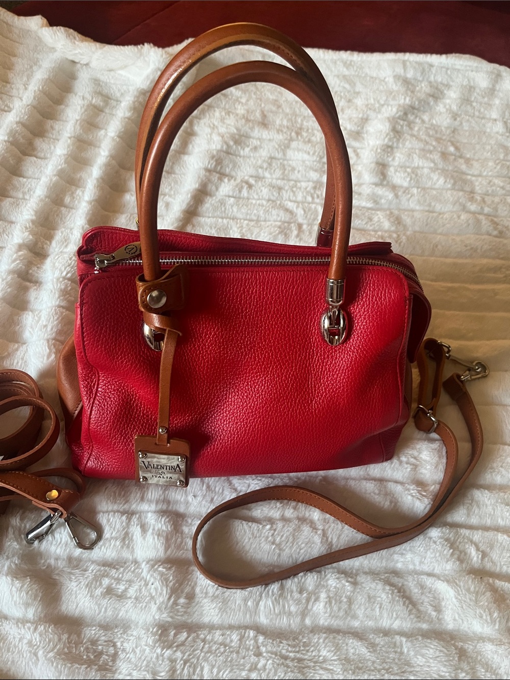 Valentina Red Pebbled Leather Satchel with Brown Handles and Strap Made Italy 🇮🇹